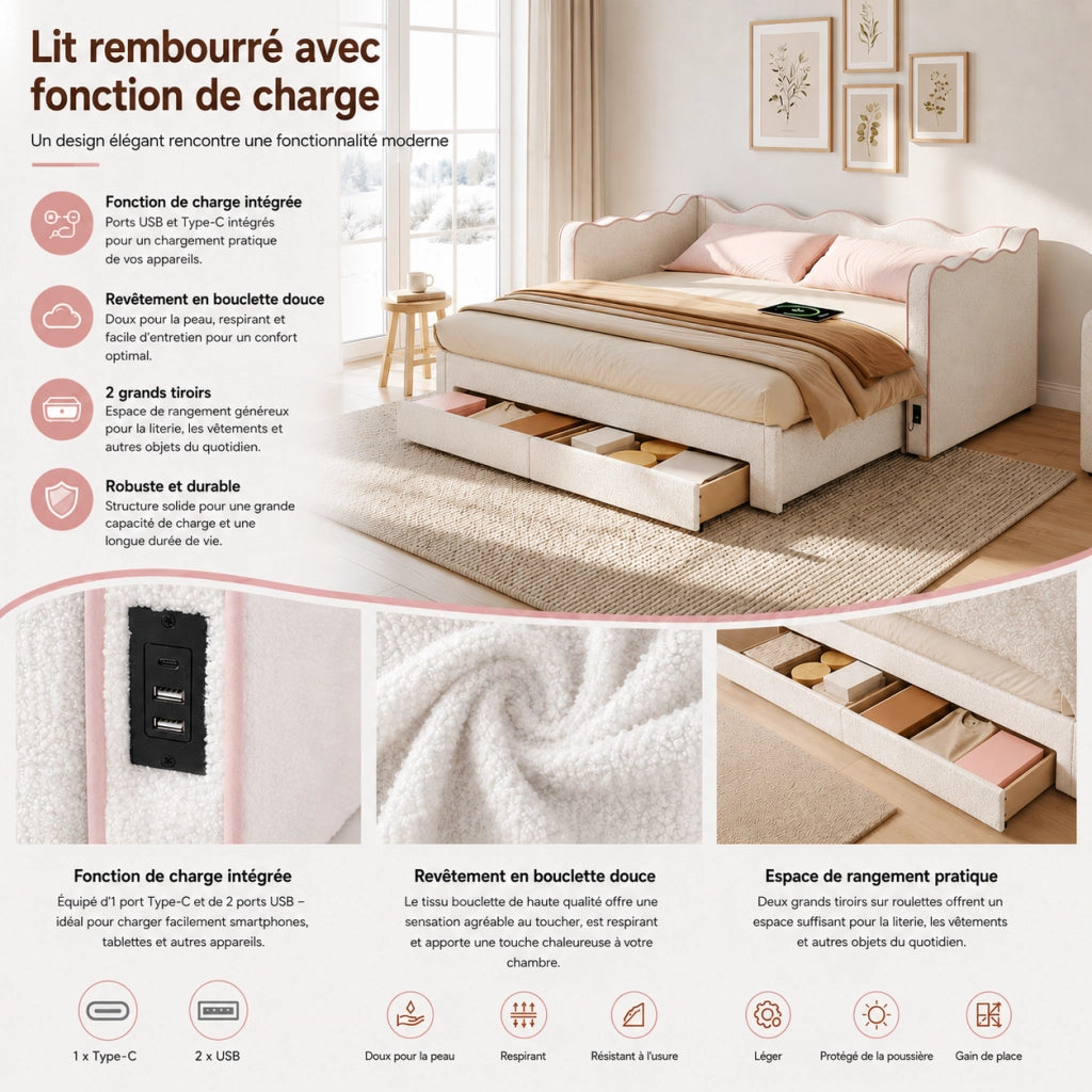 Divano letto con letto estraibile e cassetti, 90x200 cm, bouclé beige
