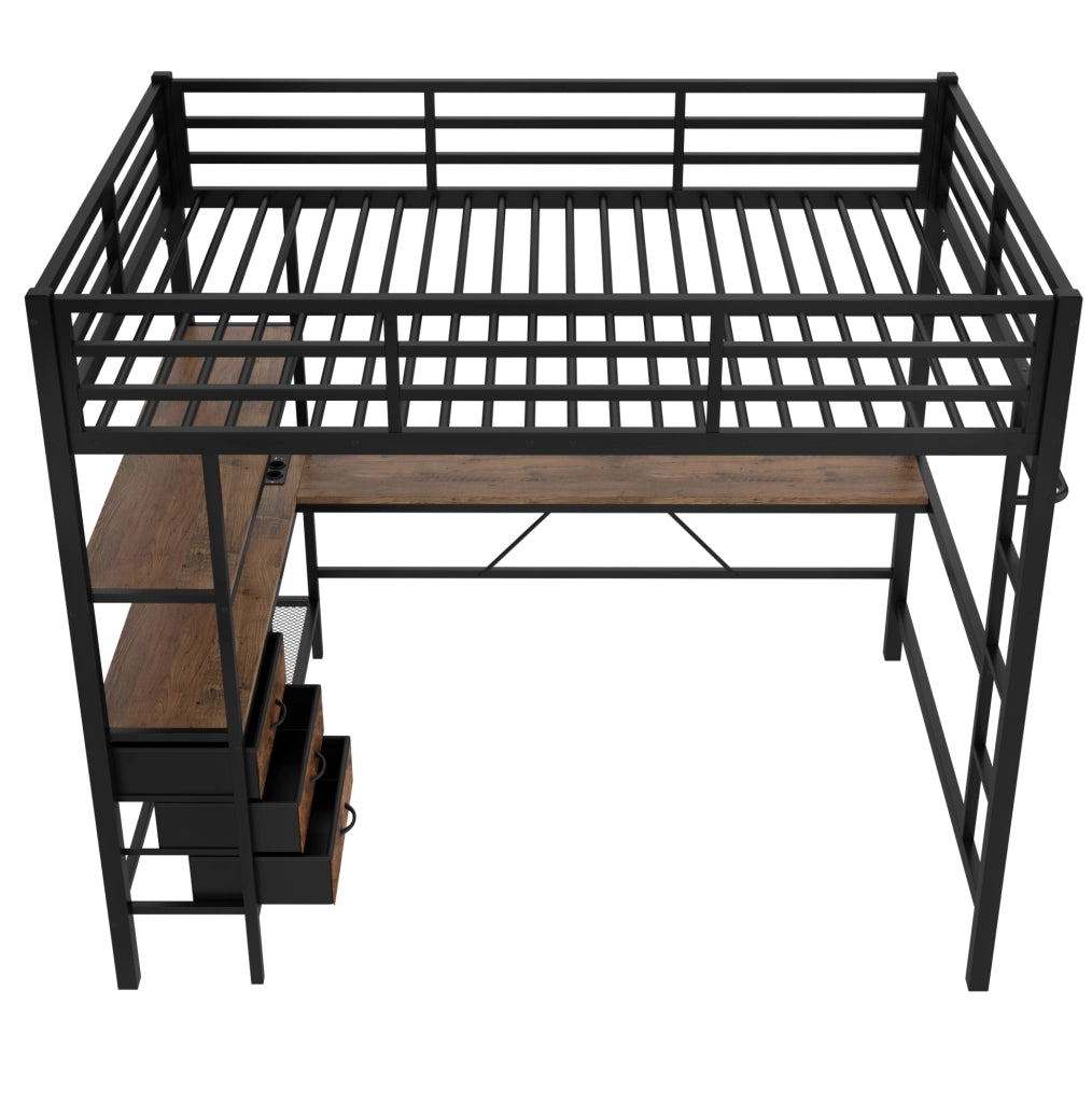Letto a soppalco 140x200 cm; con scrivania e luci LED; metallo; nero (Senza materasso)