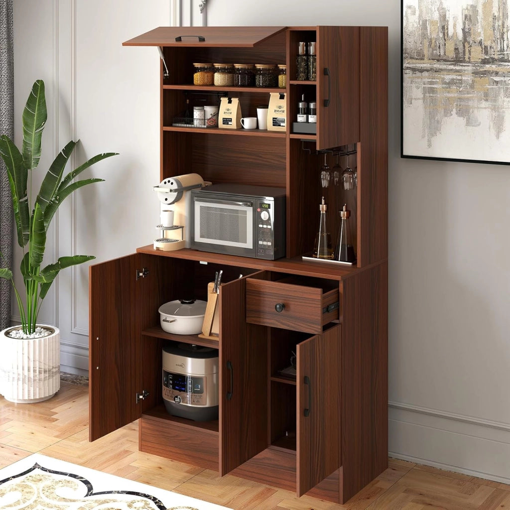 Credenza Alta da Cucina con 5 Ante e Cassetto, Armadio Dispensa da Cucina con Presa Elettrica, Mobile Cucina con Ripiani Regolabili per Sala da Pranzo e Soggiorno, 90 x 39 x 167 cm (Noce)