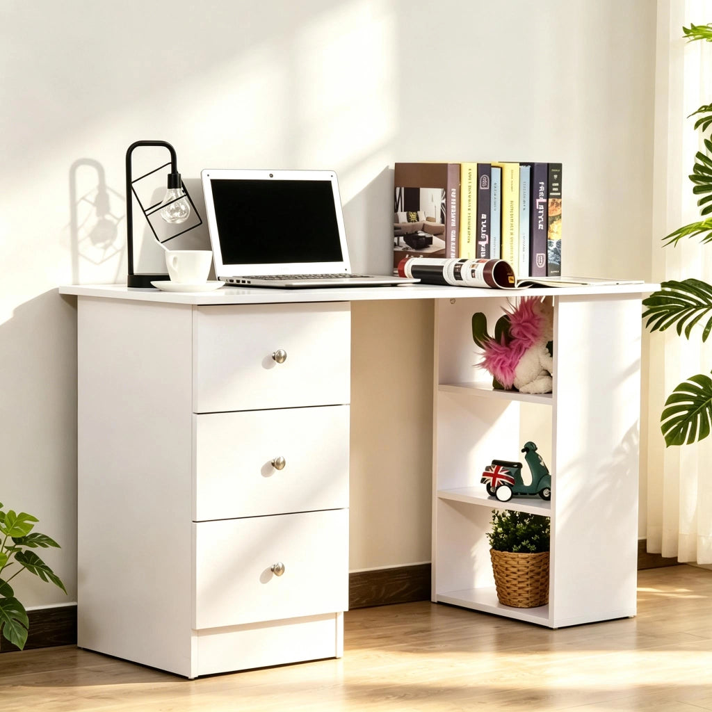 Scrivania lineare con 3 cassetti e 2 ripiani, piano ampio, per camera da letto e ufficio, bianco, 120 × 49 × 72 cm