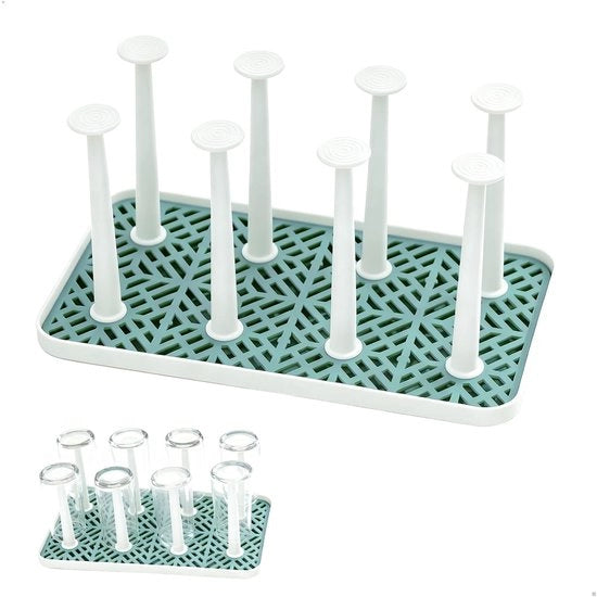 Afdruiprek per bambini con contenitore per residui - Afdruiprek per flessine - Design antiscivolo - Organizzatore rimovibile - 8 vetrini - Posizionamento stabile - Flesseniere per bambini