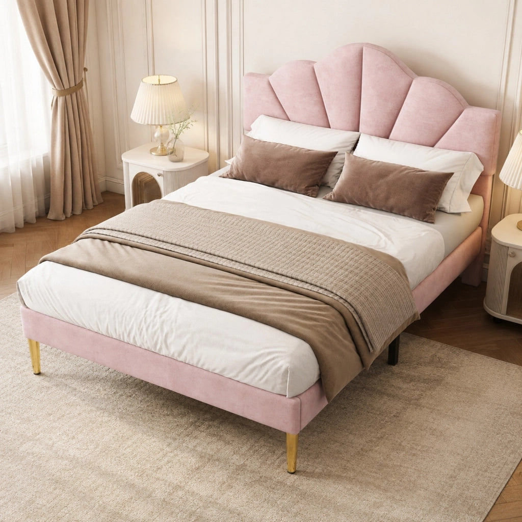 Letto matrimoniale imbottito 140x190 cm in velluto rosa con testiera regolabile e rete a doghe