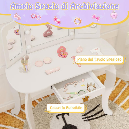 Set Toeletta Trucco per Bambina con Sgabello, Tavolo Trucco Triplo Specchio Staccabile con Luci LED a 3 Colori, Postazione Trucco con Cassetto e Accessori, per Bambine 3-7 Anni (Bianco)
