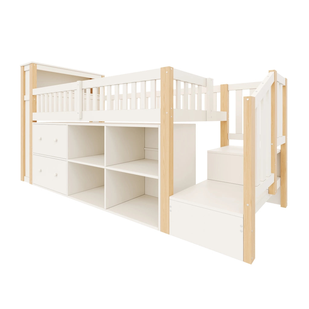 Letto a soppalco singolo 90×200 cm con cassetti; ripiani; scala; LED; USB e Type-C; senza materasso; naturale