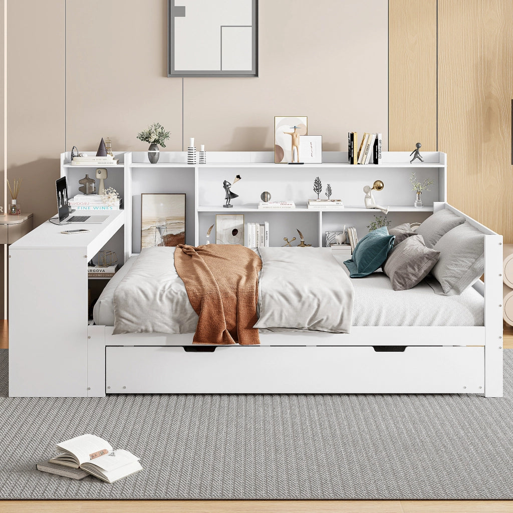 DESMIU Letto combinato 140 × 200 cm 2 posti con scrivania, mensole, prese USB e Type-C, senza materasso, bianco