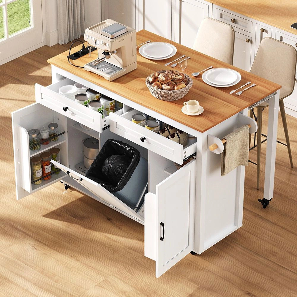 Isola cucina mobile - Xylo - Estendibile con piano lavoro, vano rifiuti e multipresa, ideale per cucina e sala da pranzo (Bianco)