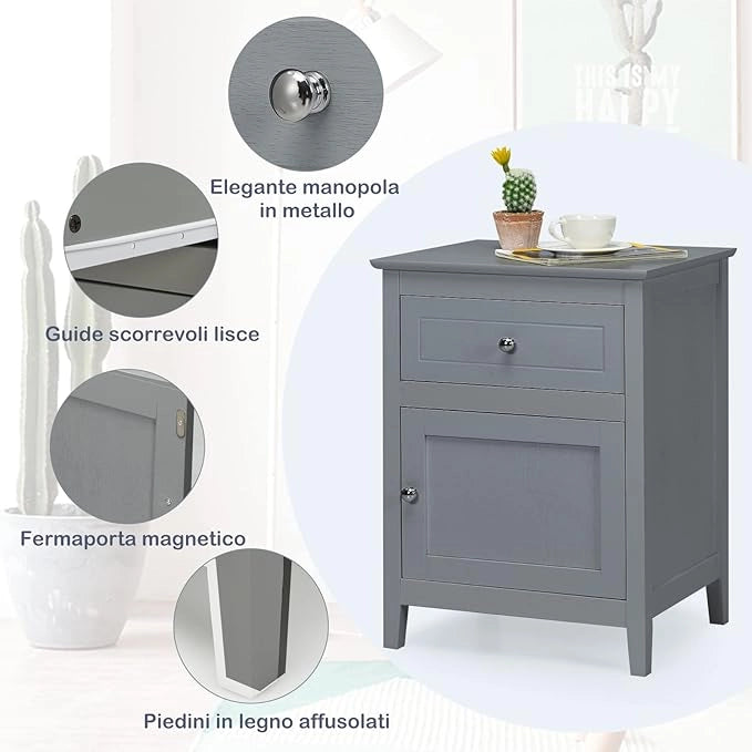Comodino Moderno, Tavolino con 2 Livelli e Superficie Spaziosa, Mobile da Divano con Cassetto in Legno per Camera da Letto Salone e Ufficio, 48 x 38 x 63,5 cm (2, grigio)