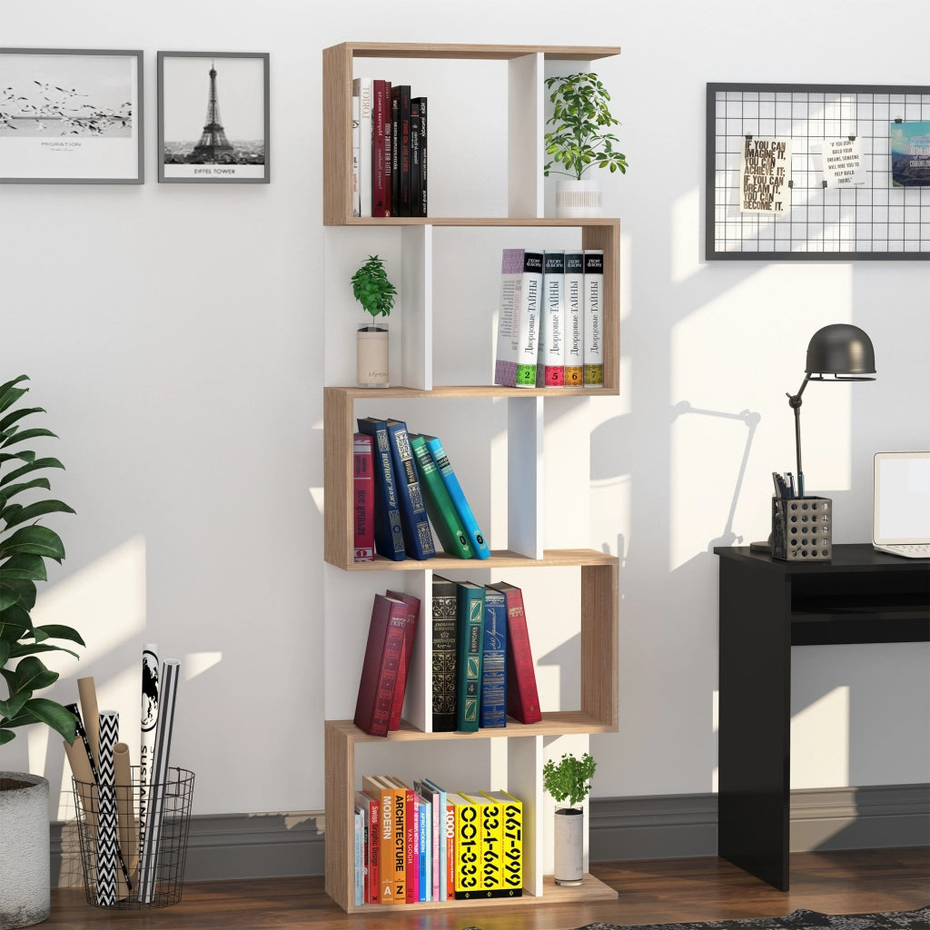 Libreria a 5 Ripiani in Legno ¨C zephmum ¨C Bianco e Legno 60x24x184.5 cm
