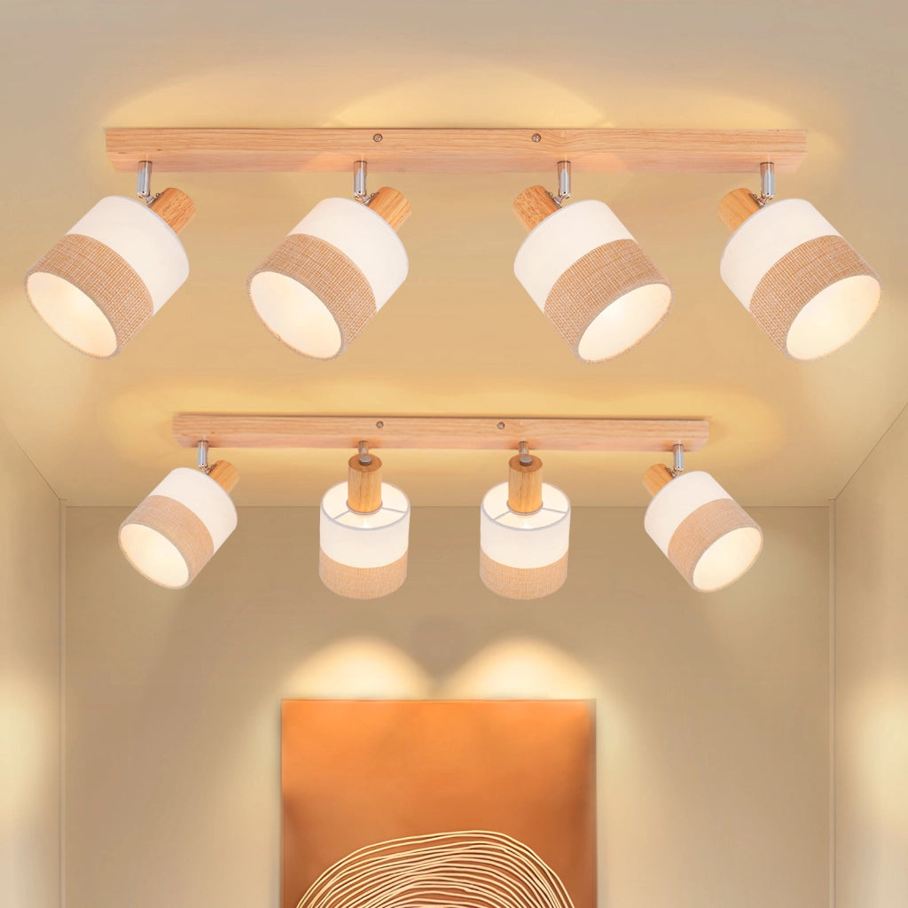 ZMH Faretto da soffitto vintage 4 luci legno tessuto orientabili 350° E14 max 25W senza lampadina