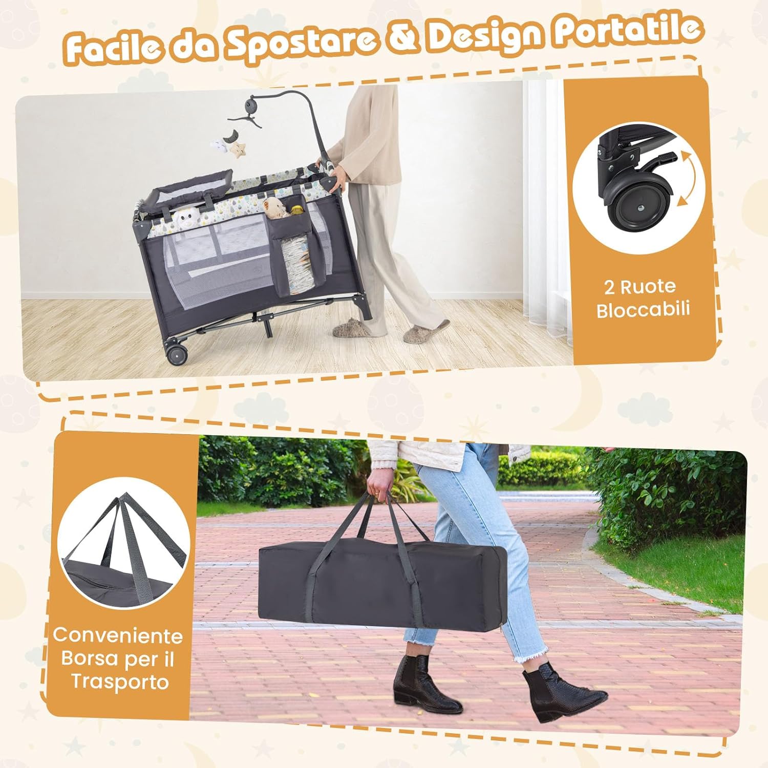 4 in 1 Lettino da Campeggio per Bambini, Lettino Pieghevole con Materasso, Box Bambini Portatile con Borsa, Culla Lettino con Fasciatoio, Ruote, Portata 15 kg, 102 x 72 x 74 cm (Grigio+Beige)