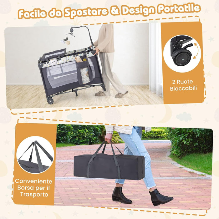 4 in 1 Lettino da Campeggio per Bambini, Lettino Pieghevole con Materasso, Box Bambini Portatile con Borsa, Culla Lettino con Fasciatoio, Ruote, Portata 15 kg, 102 x 72 x 74 cm (Grigio+Beige)