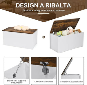 Cassapanca Porta Giochi per Bambini, Scatola di Giocattoli in Legno 2 in 1 con Coperchio, Cassapanca Contenitore da Cameretta Soggiorno Ingresso, 90x45x45,5 cm