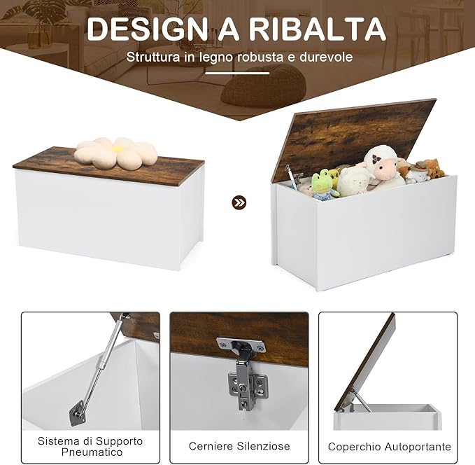 Cassapanca Porta Giochi per Bambini, Scatola di Giocattoli in Legno 2 in 1 con Coperchio, Cassapanca Contenitore da Cameretta Soggiorno Ingresso, 90x45x45,5 cm