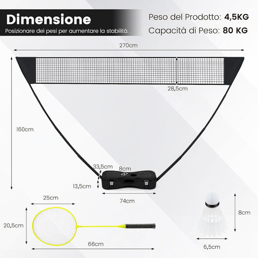 Set di Badminton con Rete, Racchette, 2 Volani e Scatola di Conservazione, Set di Badminton Portatile per 2 Giocatori da Esterno per Bambini, Ragazzi e Adulti