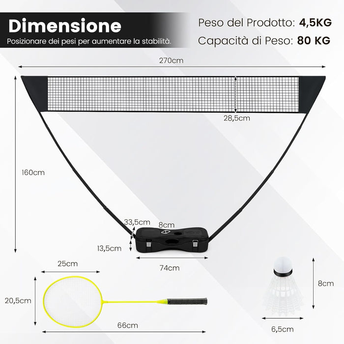 Set di Badminton con Rete, Racchette, 2 Volani e Scatola di Conservazione, Set di Badminton Portatile per 2 Giocatori da Esterno per Bambini, Ragazzi e Adulti