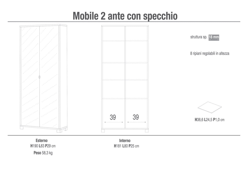 Armadio 2 Ante con Specchio 83x190x29 cm Cemento