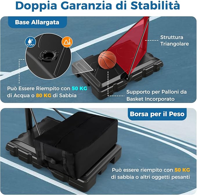Canestro da Basket da Esterno per Adulti Professionale, Canestro da Basket Portatile e Regolabile 149-305 cm con Tabella Indistruttibile, 2 Ruote, Base Riempibile e Sacchetto di Pesi