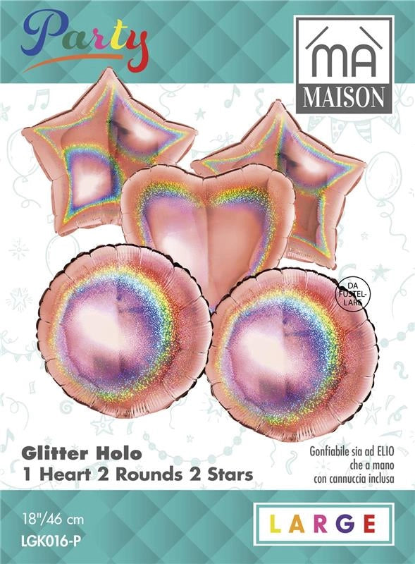 MA MAISON PALLONCINI HOLOGRAFICI ROSA ORO 1 CUORE, 2 STELLE, 2 ROTONDI 5 PZ 46X18 CM