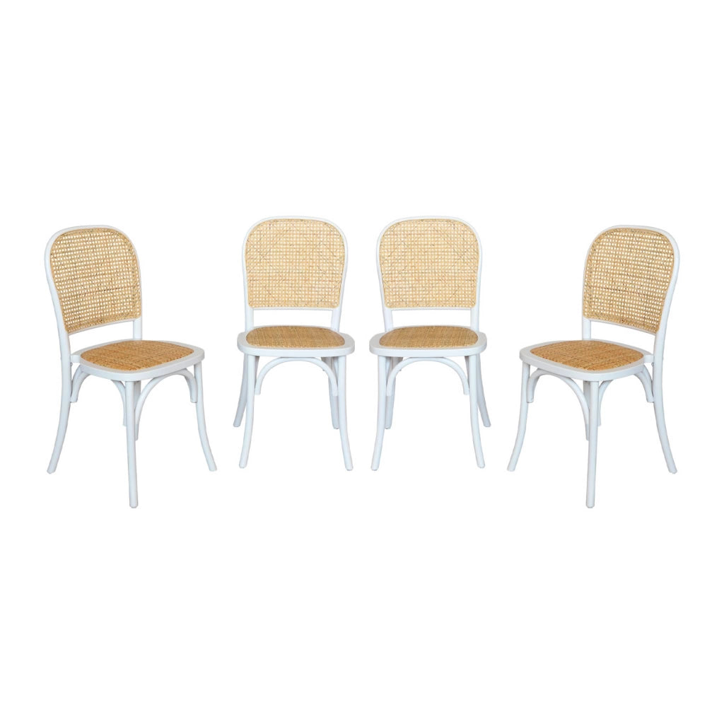 Set di 4 sedie in legno e rattan vintage , bianco