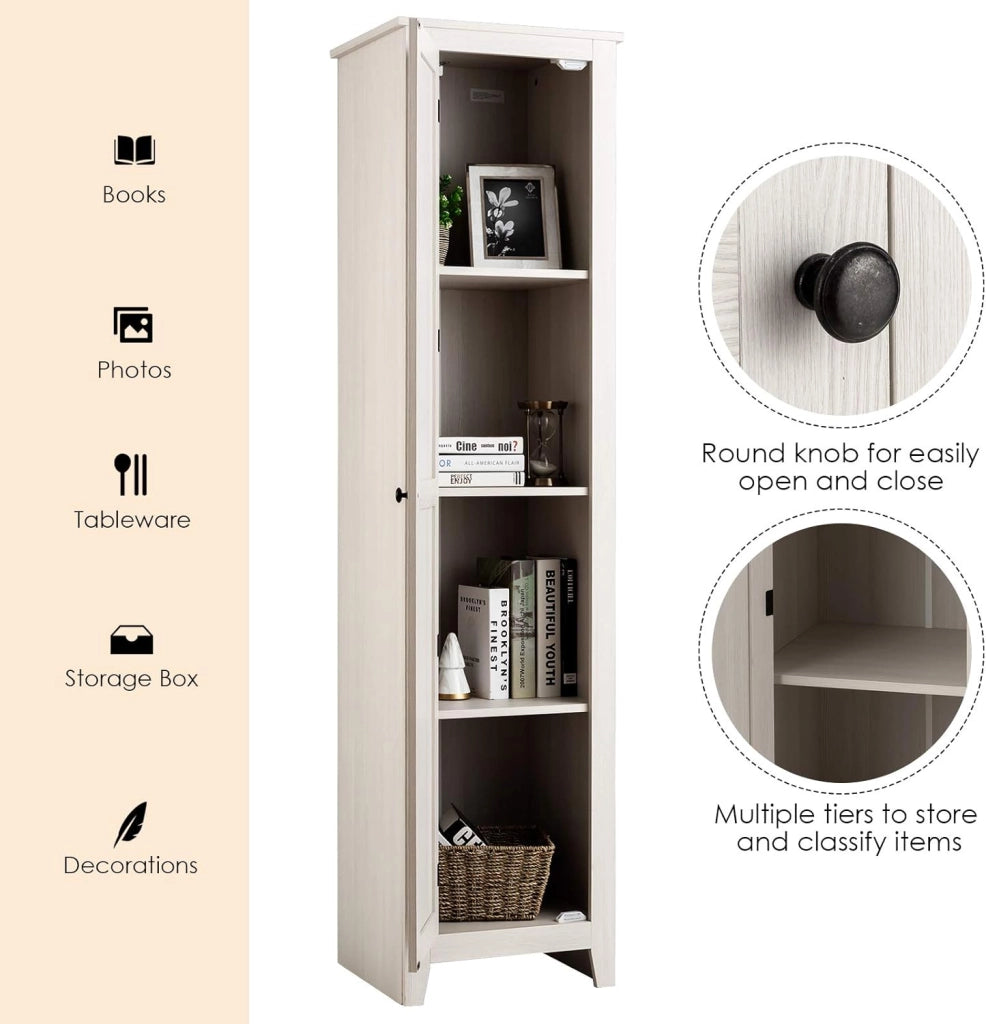 Armadietto alto da 183 cm, armadio stretto per bagno con 1 porta e 4 ripiani, armadio per la conservazione per cucina, soggiorno e bagno, armadio da cucina indipendente (Bianco)