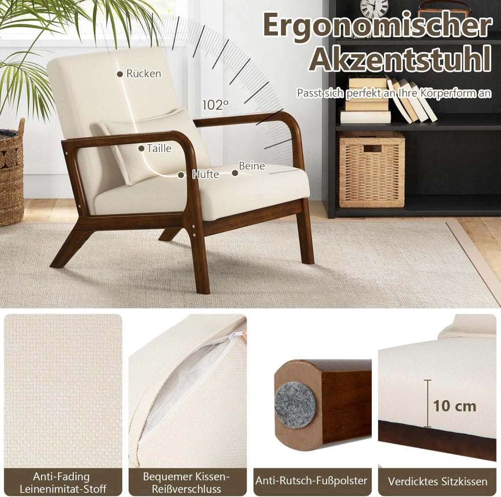 Mid Century Accent Chair, sedia interna per il tempo libero con seduta e schienale imbottiti, poltrona imbottita in legno con cuscino lombare, poltrona lounge per camera da letto (beige)
