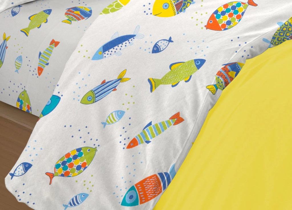 Completo Lenzuola Letto 100% Cotone Disegno Pesciolini Colorati RP Made In Italy Fantasia Marina Estiva - Piazza E Mezza - Pesciolini