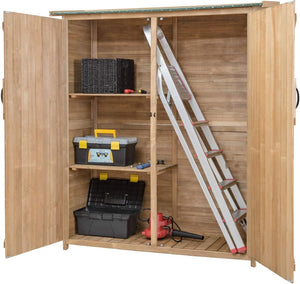 Capanno da Giardino, Ripostiglio da Esterno con 2 Porte e Ripiani, Casetta Porta Attrezzi in Legno con Serratura, 140 x 50 x 162 cm