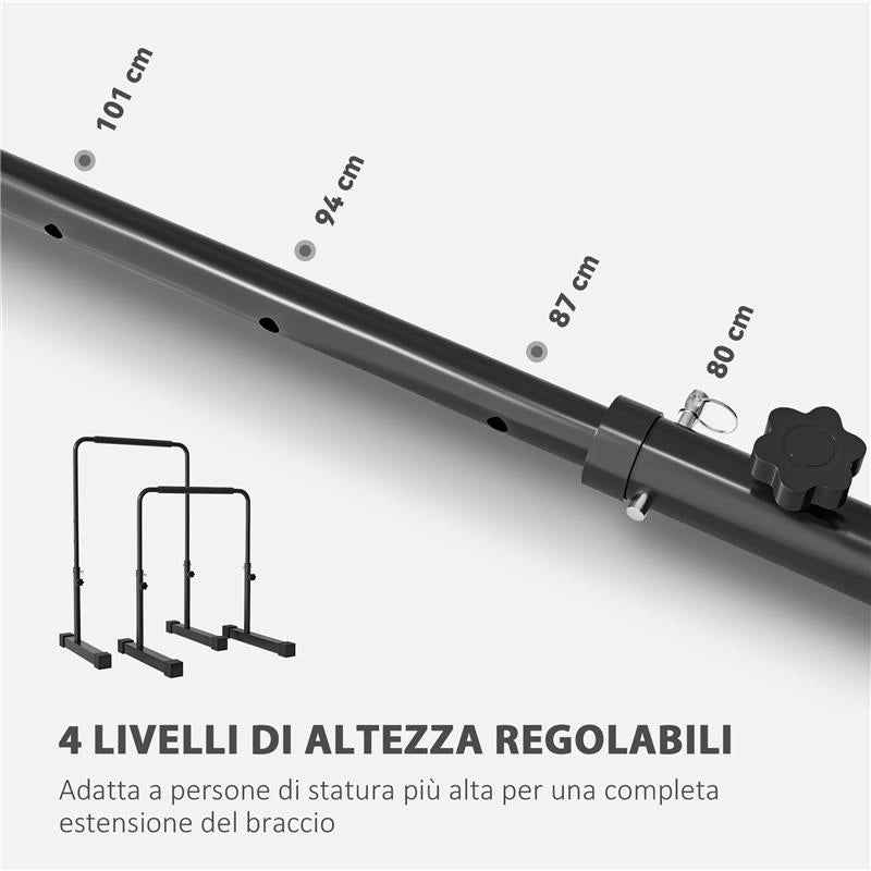 SET 2 BARRE PER DIP REGOLABILE SU 4 ALTEZZE CON MANIGLIE ANTISCIVOLO IN ACCIAIO, 70X50X80-105 CM, NERO