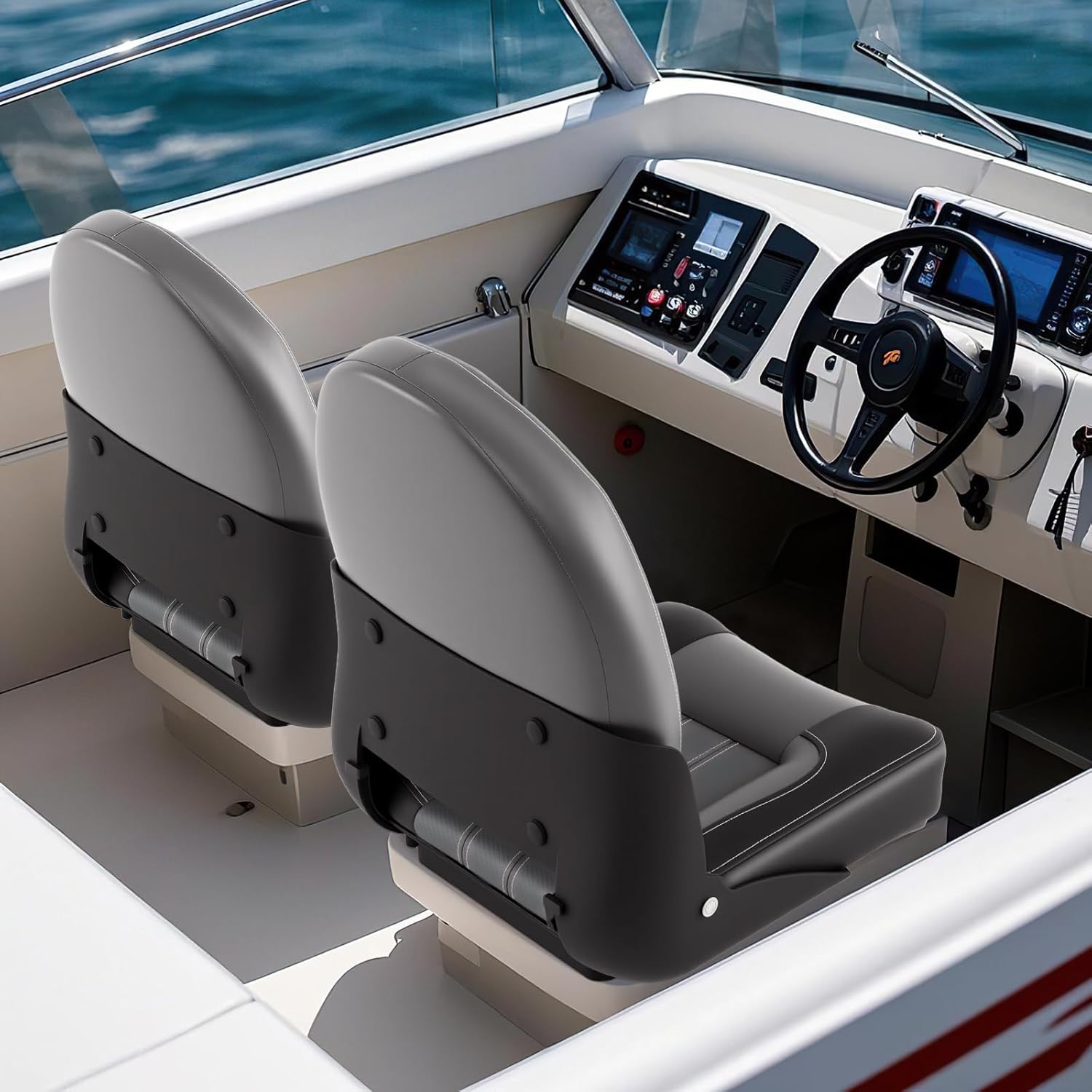 Set di 2 Sedie da Barca, Sedili Alti da Barca Pieghevole Morbide Imbottite Spesse, Sedile Nautica Ergonomico per Imbarcazioni da Pesca, 46 x 52 x 58 cm, Nero e Grigio