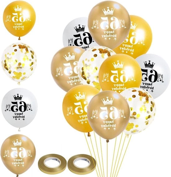 Decorazioni di compleanno palloni 65 anni uomo donna - Latice oro bianco - 32 pezzi - Felice 65 anni - Decorazioni di festa