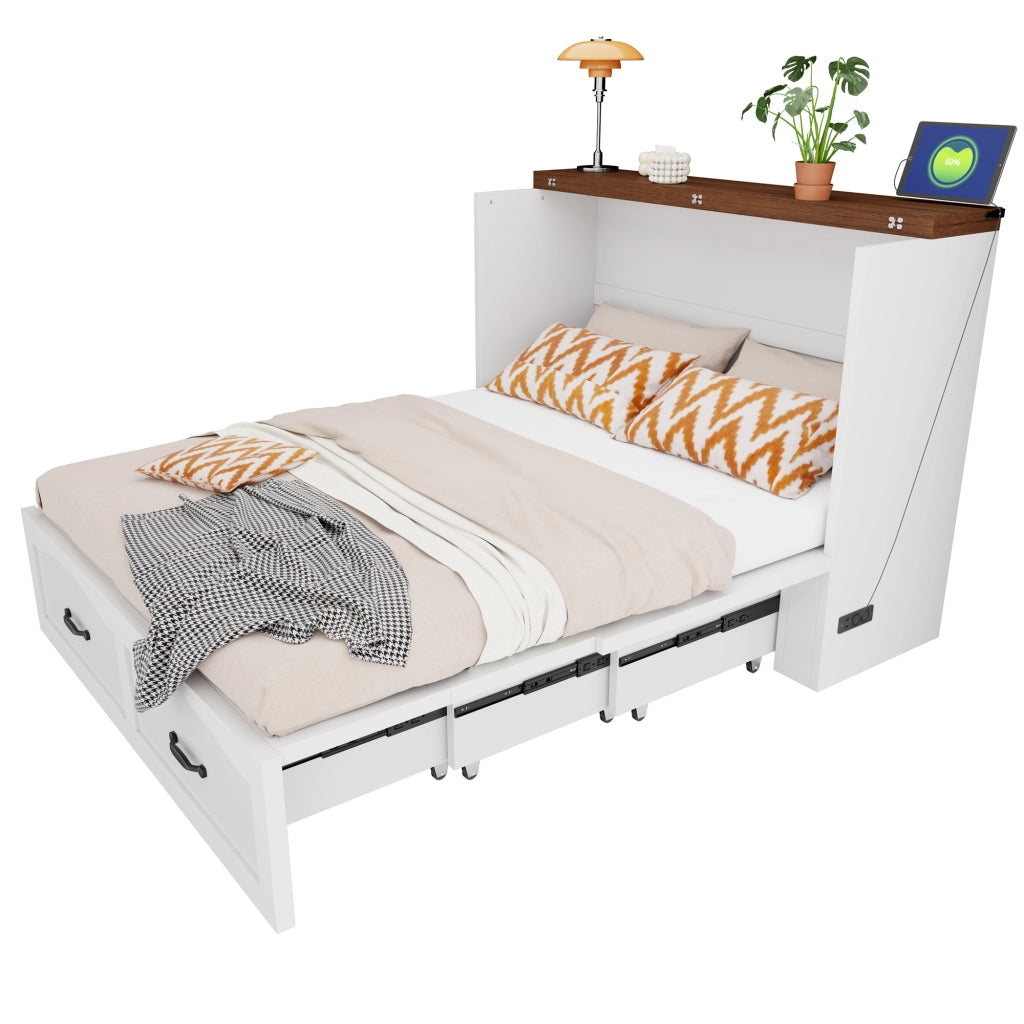 LETTO pieghevole estraibile 140x200 cm in legno e metallo bianco con presa UE