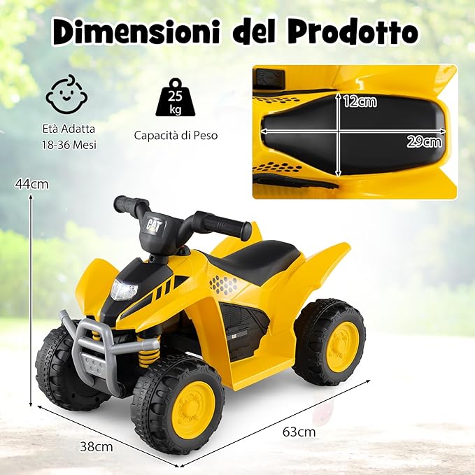 Quad Elettrico per Bambini 18-36 Mesi, Macchina Cavalcabile per Bambini con Batteria Ricarilabile 6V, Veicolo Elettrico con Faro a LED e 4 Ruote per Interno ed Esterno, Portata 25 kg