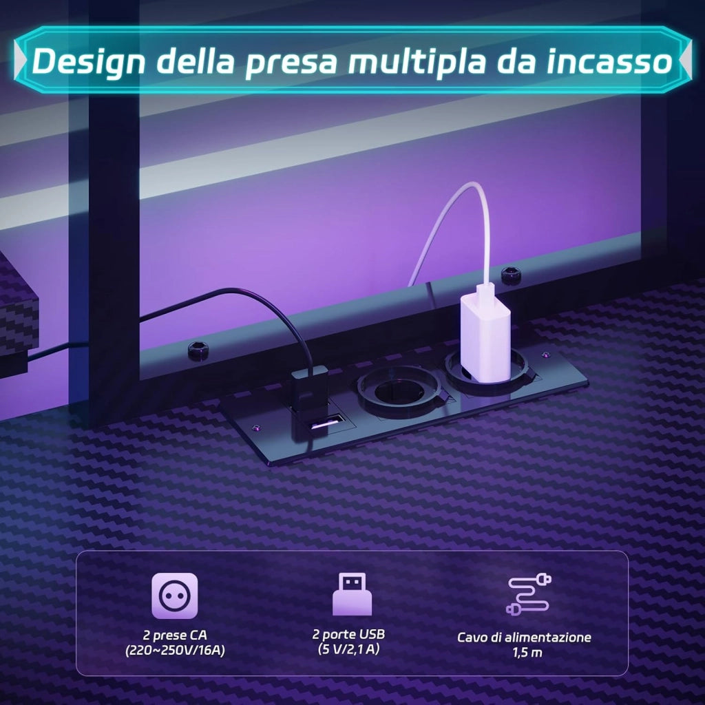 Scrivania Gaming con Luci LED e Presa Elettrica, 115_x_90_cm Scrivania Angolare a L con Mensola, Pannello a Griglia, 3 Cassetti e Supporto Monitor per Giocatori, Nero