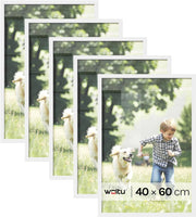 Set di 5 Cornici 40x60 cm con Passepartout, Portafoto in Orizzontale o Verticale, da Parete o Tavolo, in Legno MDF, Bianco