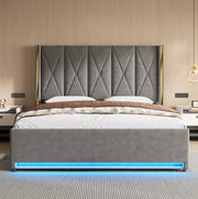 Letto imbottito 180x200 cm con contenitore; USB Type-C e LED in velluto grigio scuro