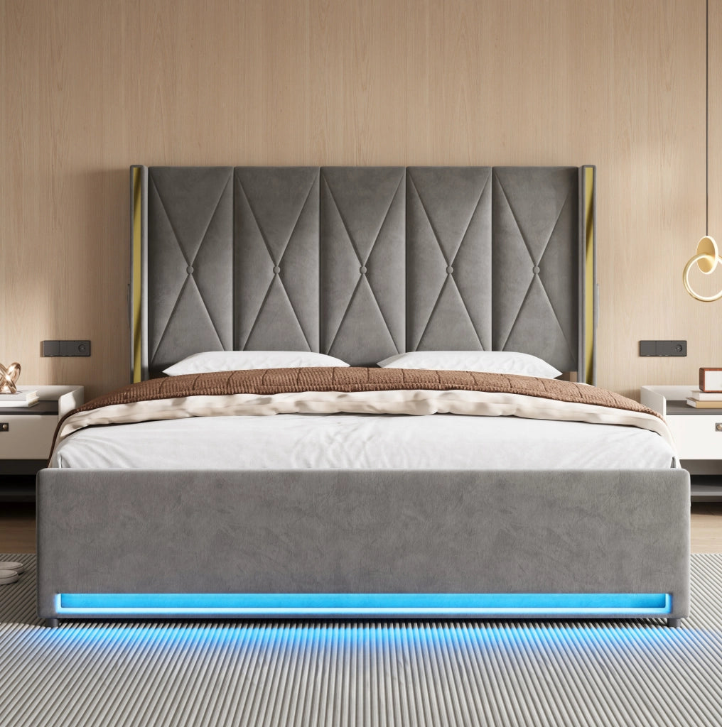 Letto imbottito 180x200 cm con contenitore; USB Type-C e LED in velluto grigio scuro