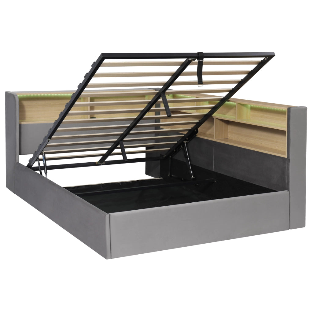 Letto da giorno imbottito 140x200 cm in velluto grigio con contenitore idraulico, LED, USB e vani portaoggetti