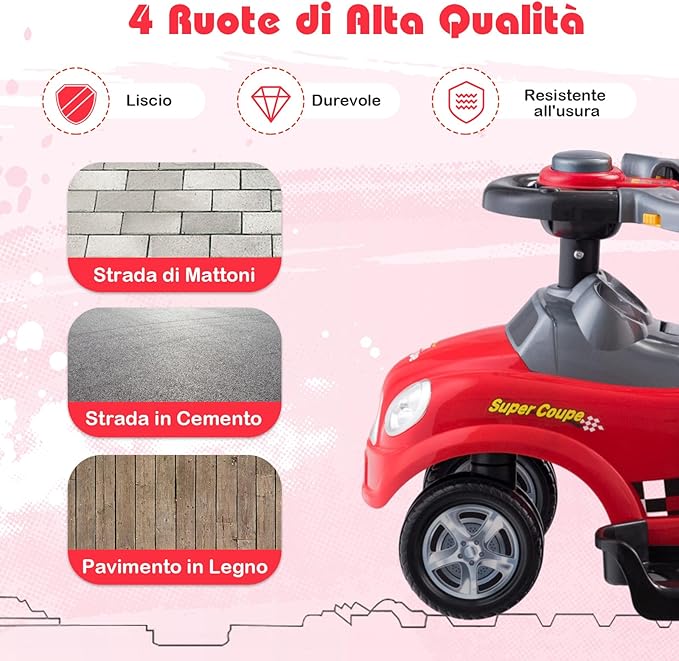 3 in 1 Macchina Cavalcabile a Spinta per Bambini, con Guardrail Staccabili e Maniglia Clacson, Spazio di Archiviazione Nascosto e Design Anti-ribaltamento, Ideale per Bambini 2-6 Anni (Rosso)