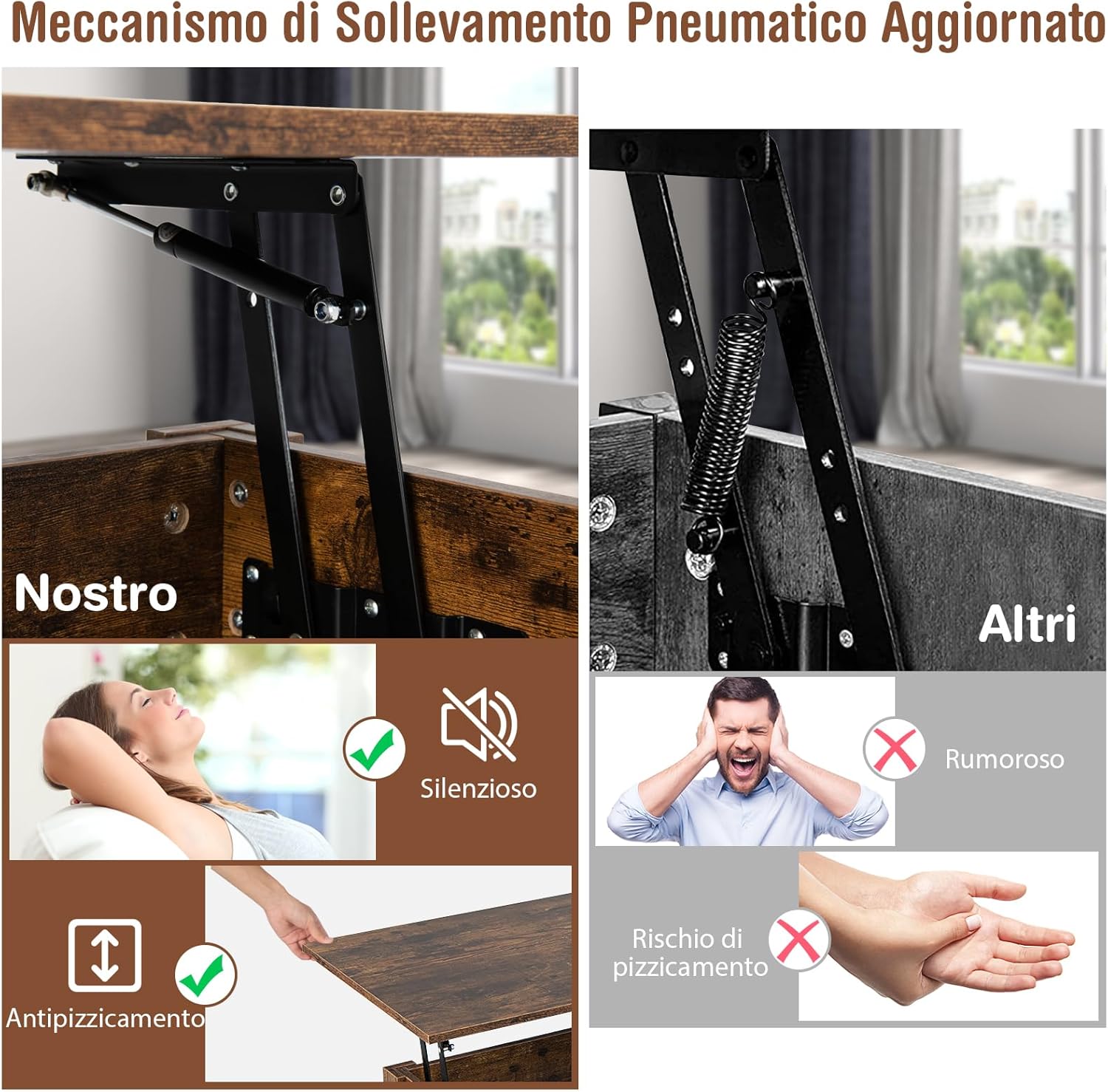 Tavolino da Caffè Sollevabile, Tavolino da Divano Industriale con 2 Cassetti, Vano Chiuso, Ripiano e Sistema di Sollevamento Pneumatico, Tavolino da Salotto, Studio e Ufficio