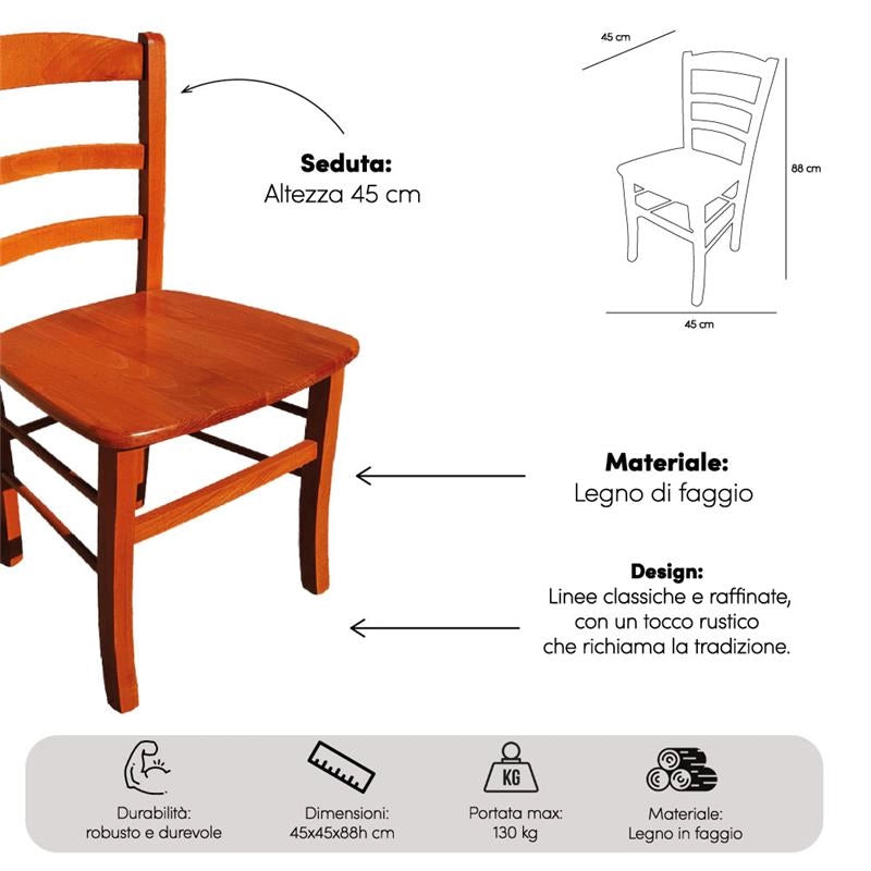 SEDIA IN LEGNO COLORE CILIEGIO 45X45X88 CM CM MODELLO PAESANA CON SEDUTA COMPATTA IN LEGNO MASSELLO SCHIENALE ALTO - 2PZ