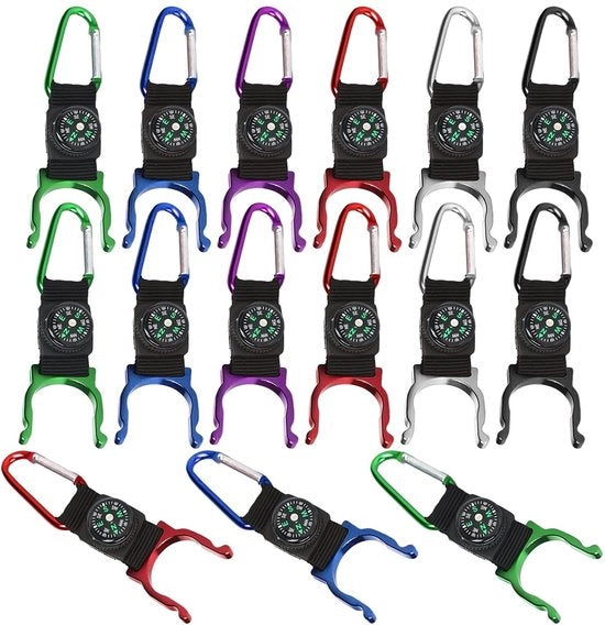 Supporto per Bottiglia - 15 Pezzi - Lega Leggera - Compatta - Con Bussola - Adatta per Escursioni/Camping - Sostenibile - Clip per Bottiglia