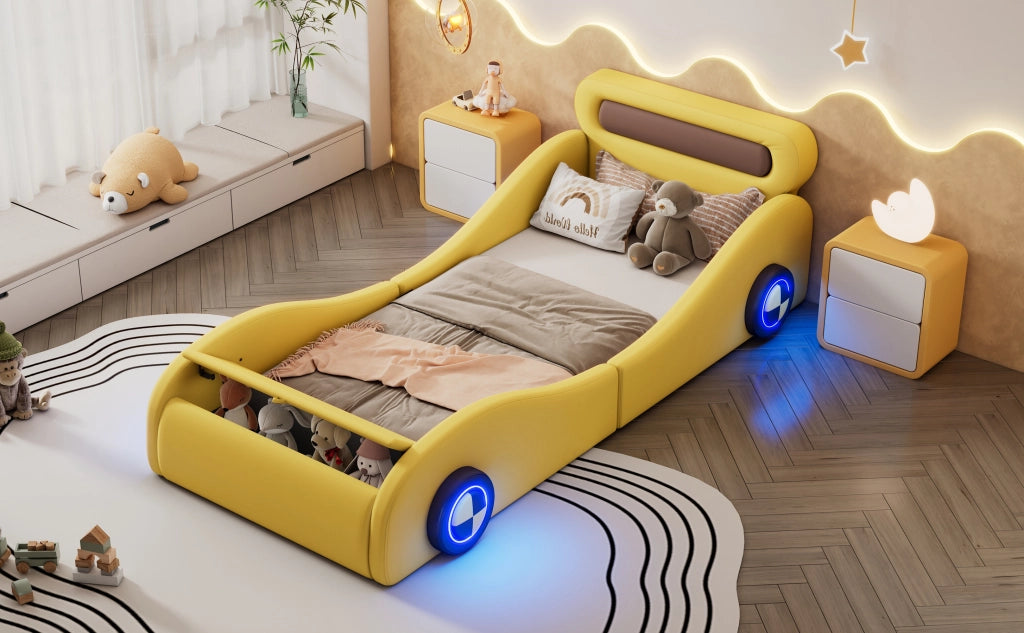 DESMIU Letto per bambini 1 posto con vano portaoggetti e ruote luminose, 90 × 200 cm, senza materasso, giallo