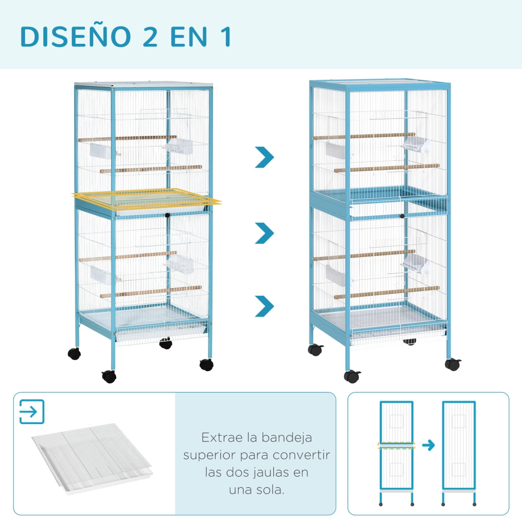 Gabbia per Uccelli a 2 Piani con Ruote ¨C Xylo ¨C 51,5x50x140 cm Blu