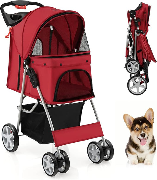 Passeggino Animali Domestici Pieghevole, 2 in 1 Trasportino per Cani/Gatti, con Porta Doppio, Freno Posteriore, 4 Ruote Girevoli, Carrozzina Compatta (Nero, Singolo) (Rosso, Singolo)