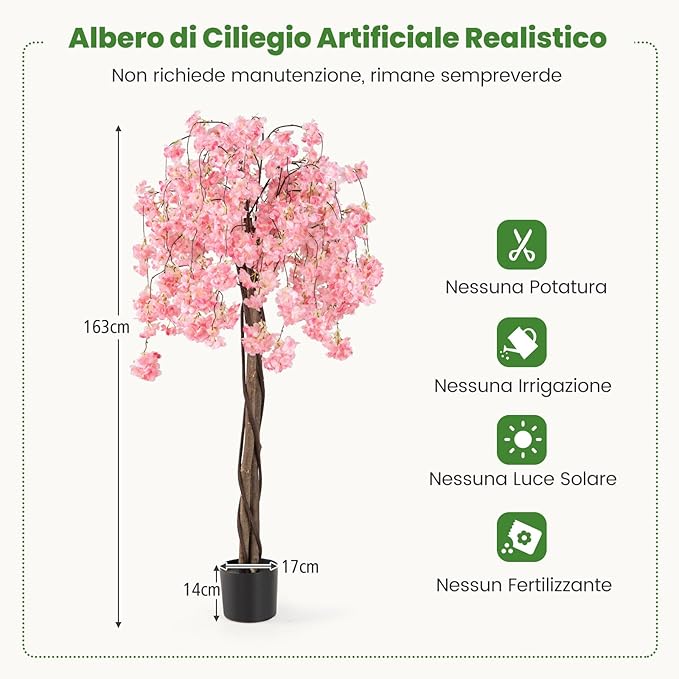 Albero di Ciliegio Artificiale 163 CM, Pianta Finta da Interno con Vaso in PP Riempito con Cemento, Fiori in Tessuto, Decorazione per Ufficio, Casa e Veranda (Rosa)