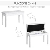 Sgabello Pianoforte Professionale con Vano Portaoggetti Ecopelle, Legno 76 × 36 × 50cm Bianco