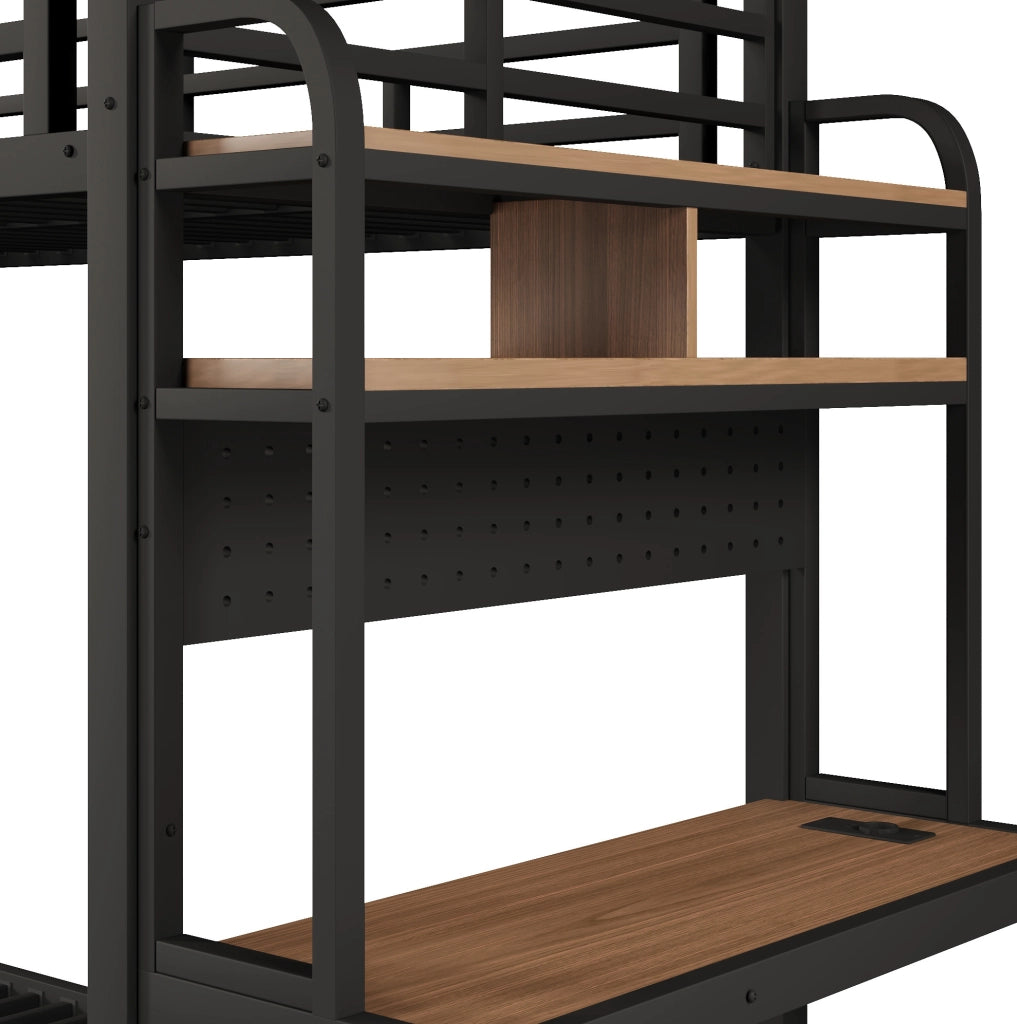 Letto a castello 90x200 cm in metallo e MDF; con scrivania; LED; USB; nero