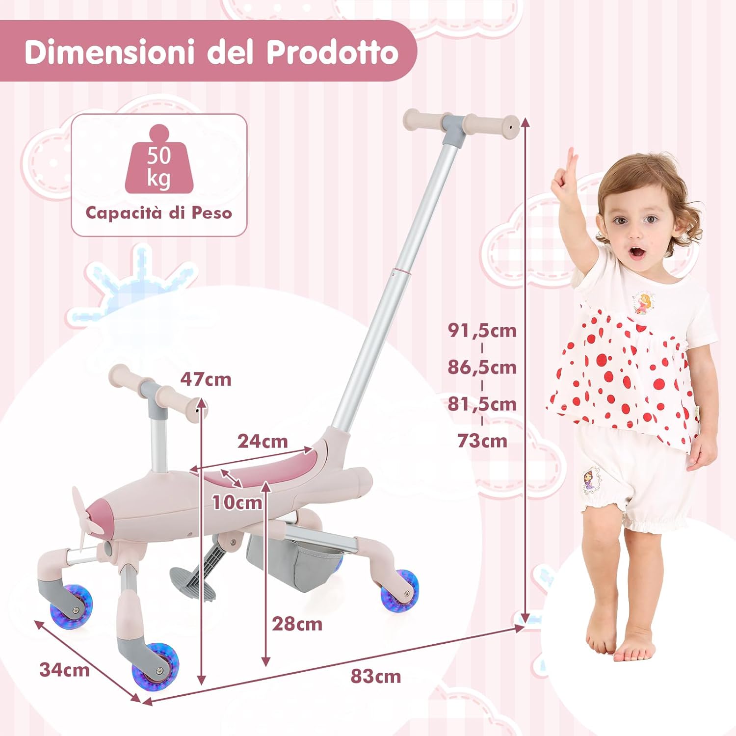 2 in 1 Auto a Spinta per Bambini, Giocattolo Scorrevole con Luci a LED Maniglia Rimovibile e Regolabile, Poggiapiedi Pieghevole e Cestino Portaoggetti, per Bambini 18-70 Mesi (Rosa)