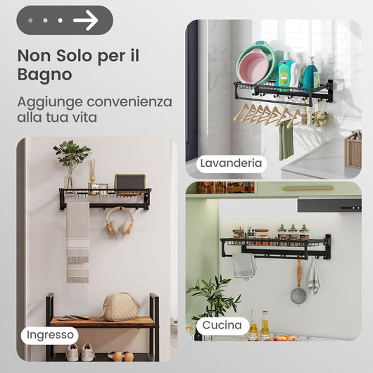 Portasciugamani Pieghevole per Bagno, Mensola Portasciugamani da Parete con Asta Regolabile e Ganci Mobili, Antiruggine e Impermeabile, Nessun Montaggio Richiesto, 59,5x26x14 cm