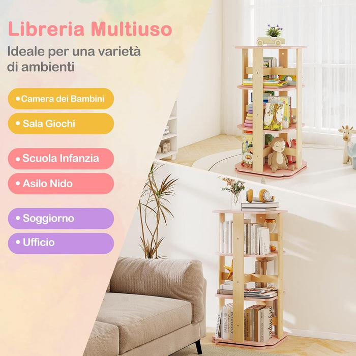 Libreria Girevole per Bambini, Scaffale per Libri in Legno a 3 Livelli con 12 Scomparti, Libreria Angolare e Salvaspazio per Camera da Letto, Studio e Soggiorno, 48 x 48 x 95,5 cm